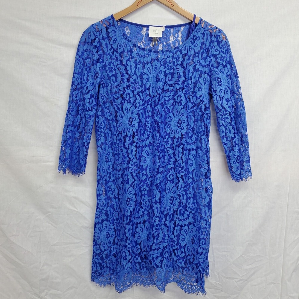 HD in Paris Dress Size S Blue 3/4 Sleeve Lacy Sheer Womens